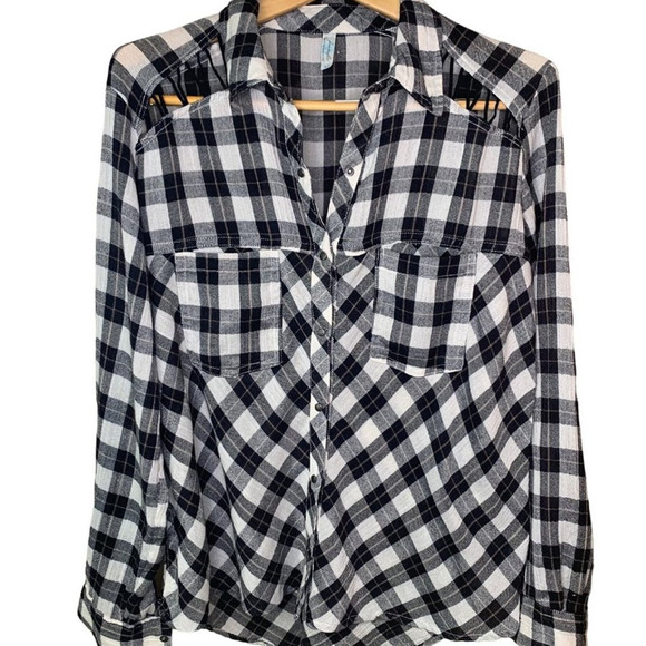 Free People Top Women's Size Small Snap Front Monochrome Plaid Lace Up Shoulder - Picture 2 of 4